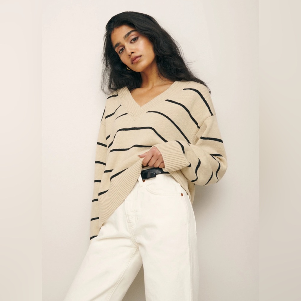 Reformation 100% cotton striped V neck striped sweater
